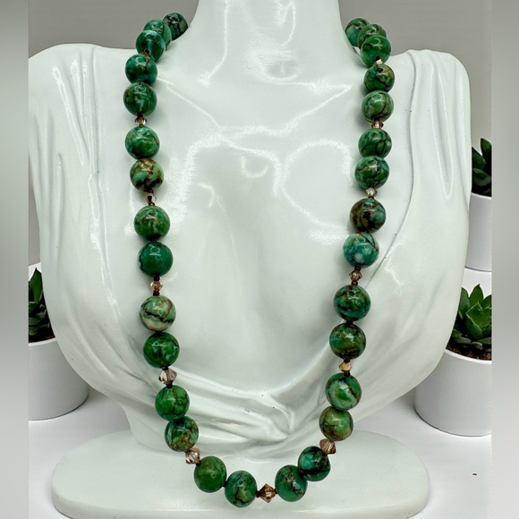 African Turquoise Jasper & Crystal Beaded Necklace w/ Silver Toggle Clasp 20” - Picture 3 of 17